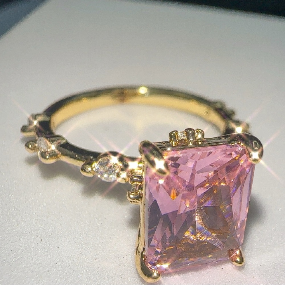 Princess Cut Pink CZ Ring – Gold Plated Brass Micro Inlay, Sizes 7 New - Picture 1 of 9